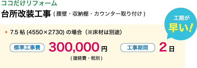 ココだけリフォーム台所改装工事(腰壁・収納棚・カウンター取り付け)　7.5帖(4550×2730)の場合標準工事費220,000円(税込・諸経費別)　工期が早い！工事期間2日